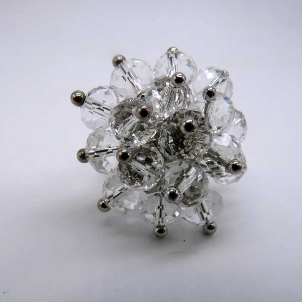 Vintage Style Clear Crystal Bead Cluster Cocktail Ring Silver Tone Size 6 Adj
